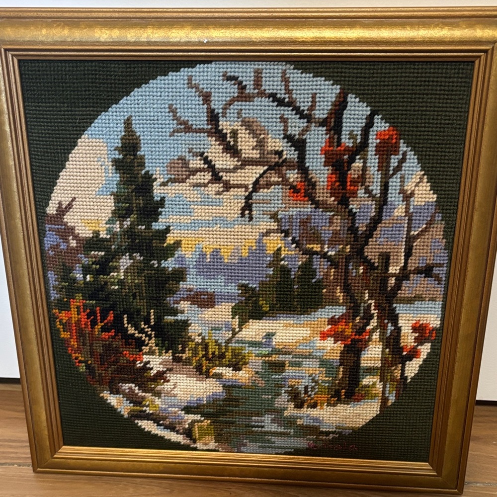 Vintage Framed Needlepoint  Tapestry Winter Landscape in Green, Brown, Blue.